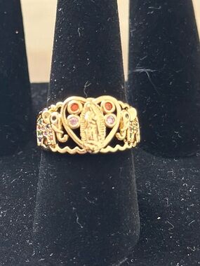 Gold-Filled St Mary and Elephant with Heart  Ring with Colorful Stones